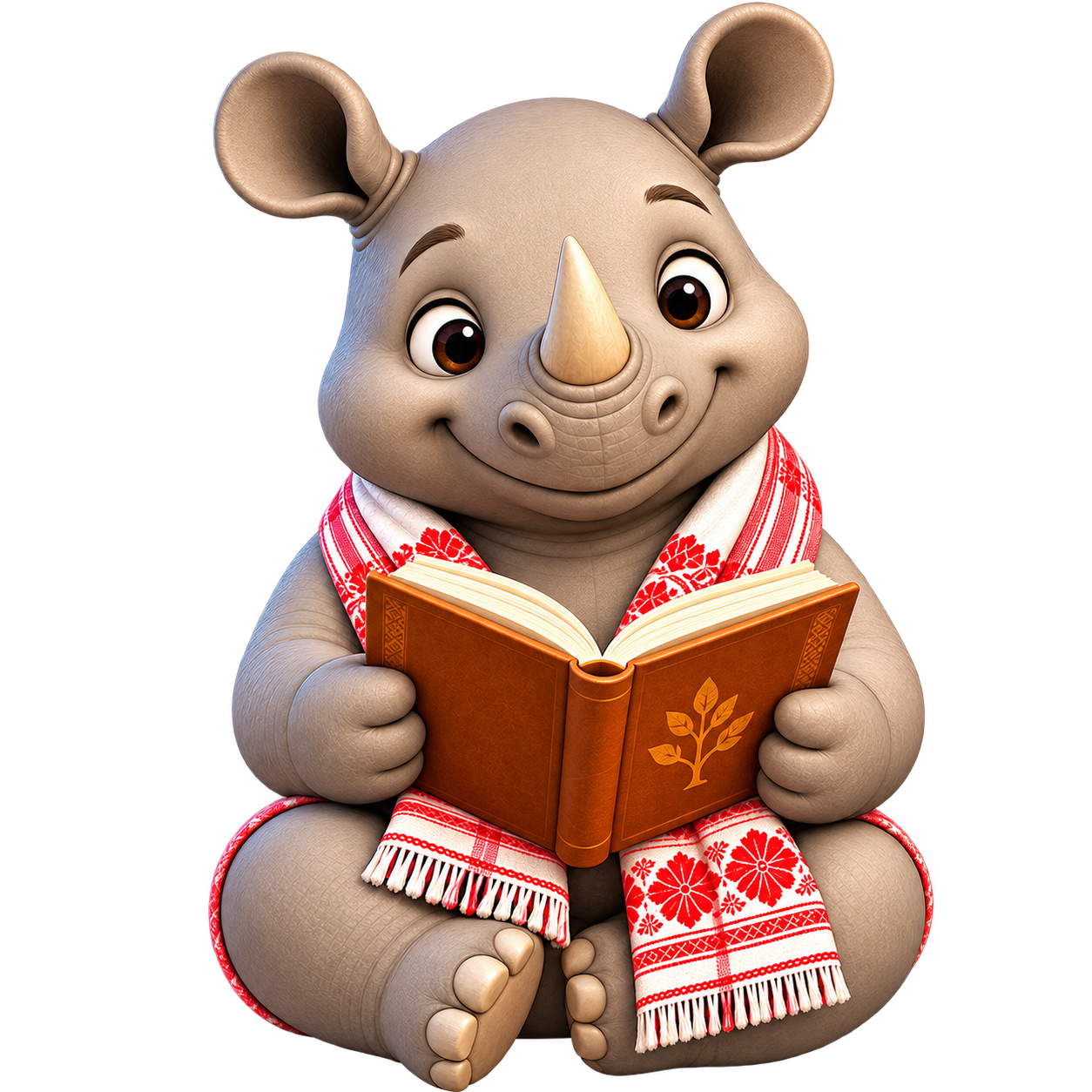 Puthiverse mascot — a rhino wrapped in a gamosa, reading a book